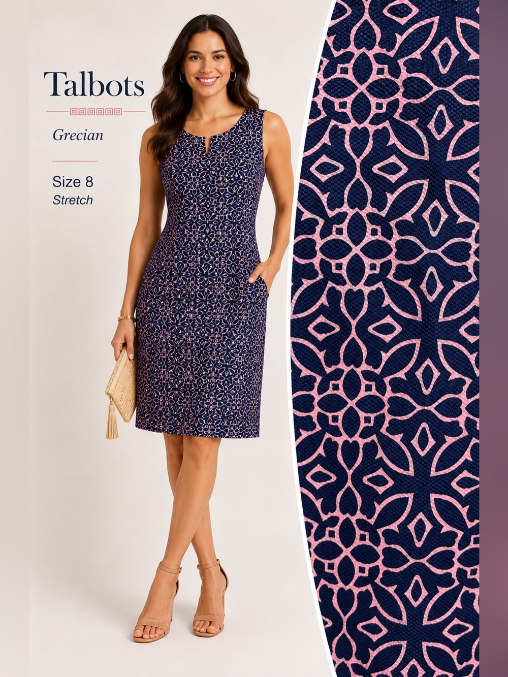 Talbots Grecian Print Stretch Sheath Dress Pink Navy Size 8